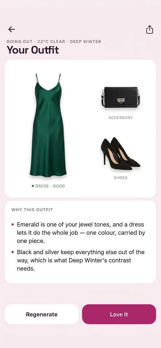 The outfit screen: an emerald slip dress with a black clutch and black heels, above the reasoning that explains why each piece is there.