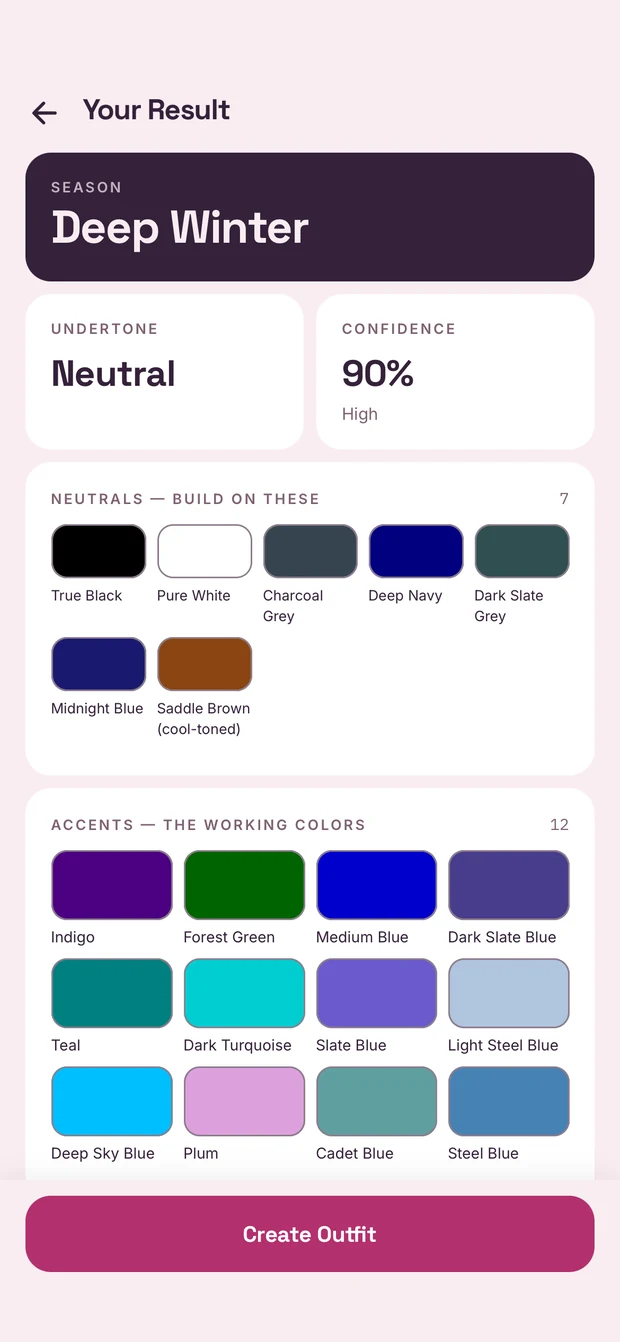 ToneMate's result screen: season Deep Winter, neutral undertone, 90% confidence, then the neutral and accent colors named one by one.