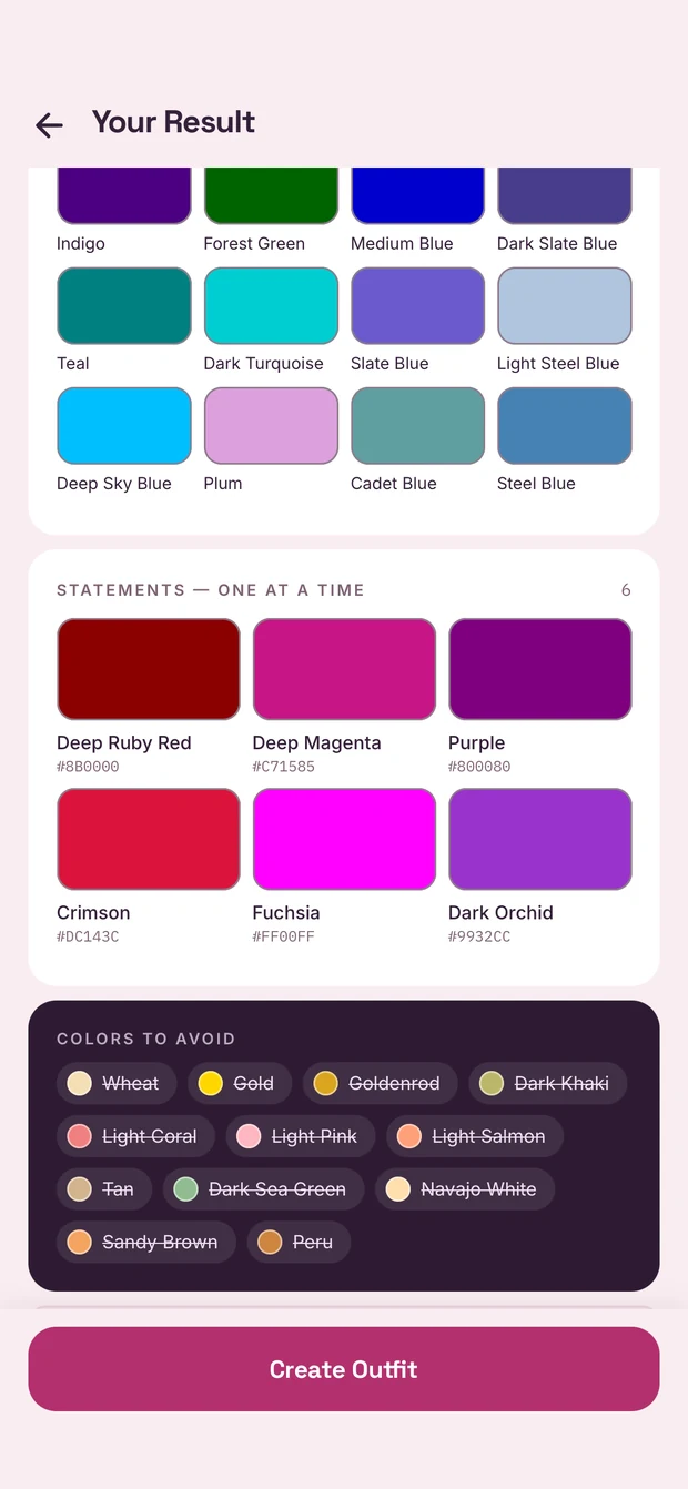 The same screen further down: the statement colors with their hex values, and a dark panel listing the colors to avoid, each struck through.