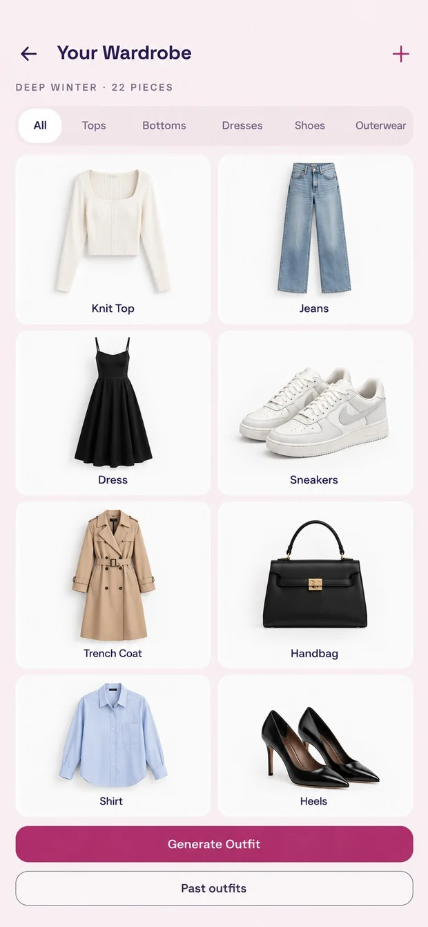 The wardrobe screen: eight pieces in a two-column grid, each on a white card with its name underneath, above a Generate Outfit button.